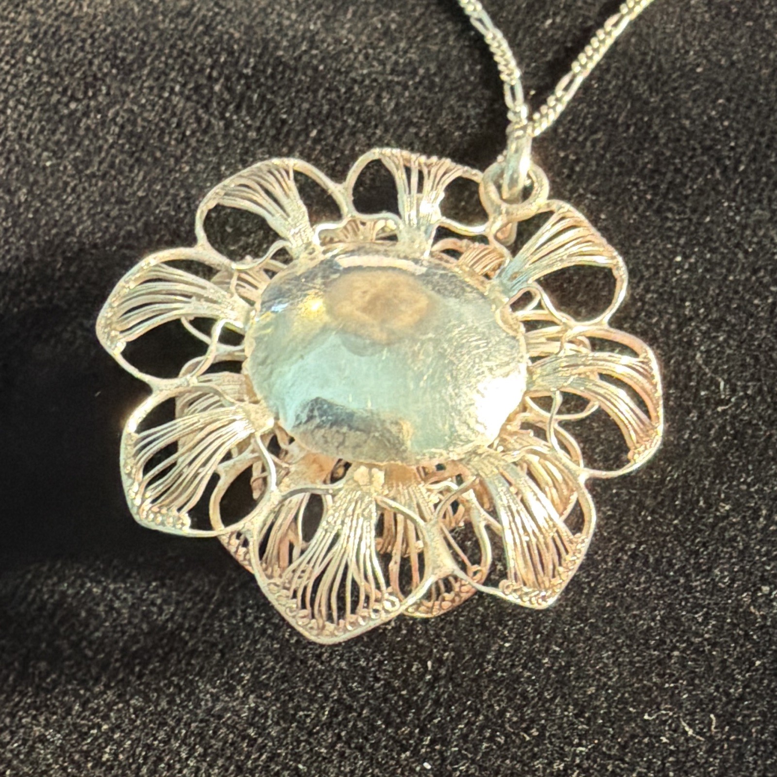 925 Sterling Silver Flower Pendant Rope Chain Necklace Cream Pearl Signed