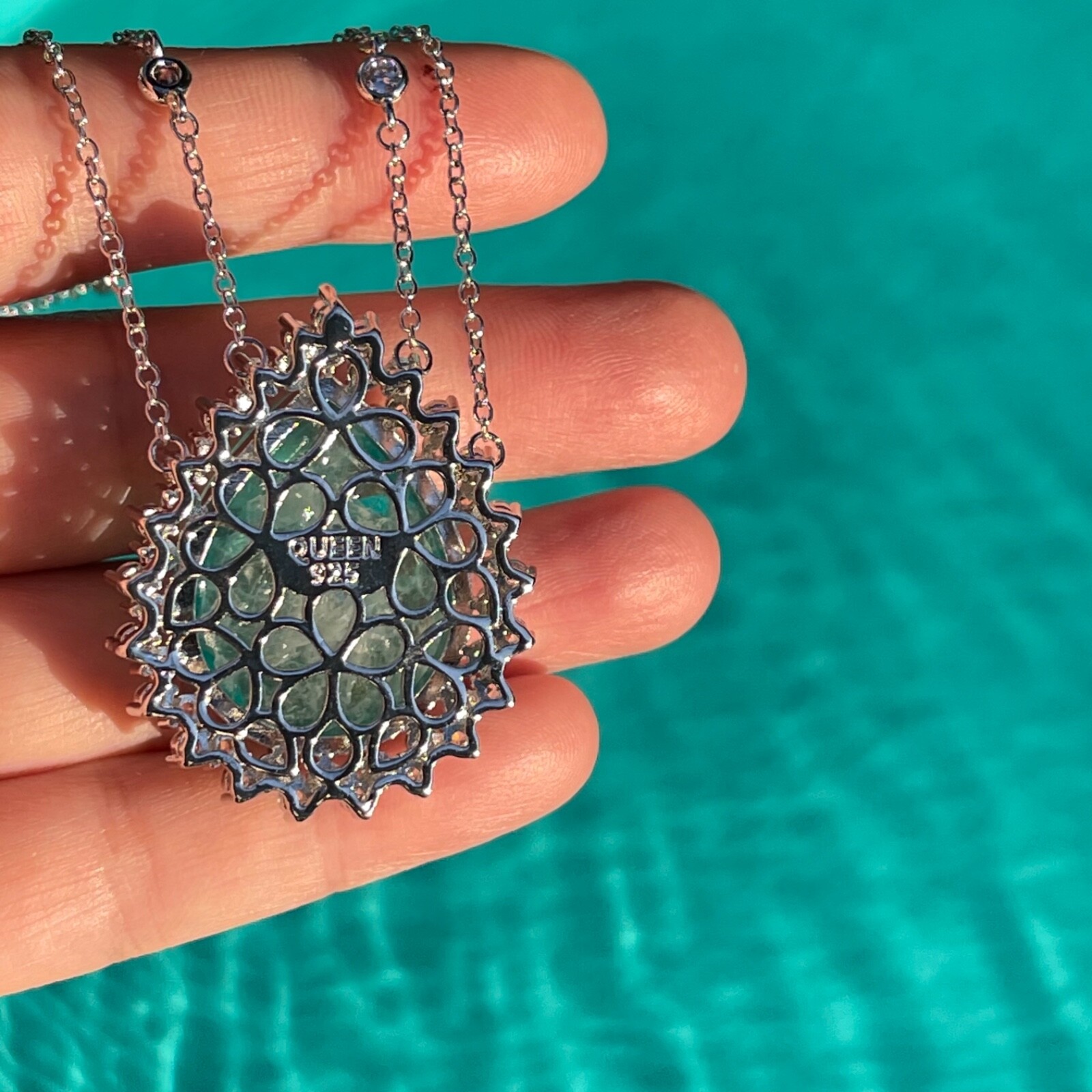 CARIBBEAN BLUE NATURAL GLOWING NEON PARAIBA TOURMALINE NECKLACE PENDANT 925 SS