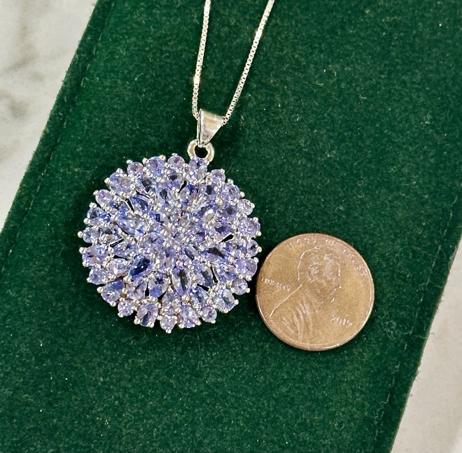 Tanzanite Marquise & Round Sterling Silver Cluster Pendant BBJ, On 20” 925 Chain