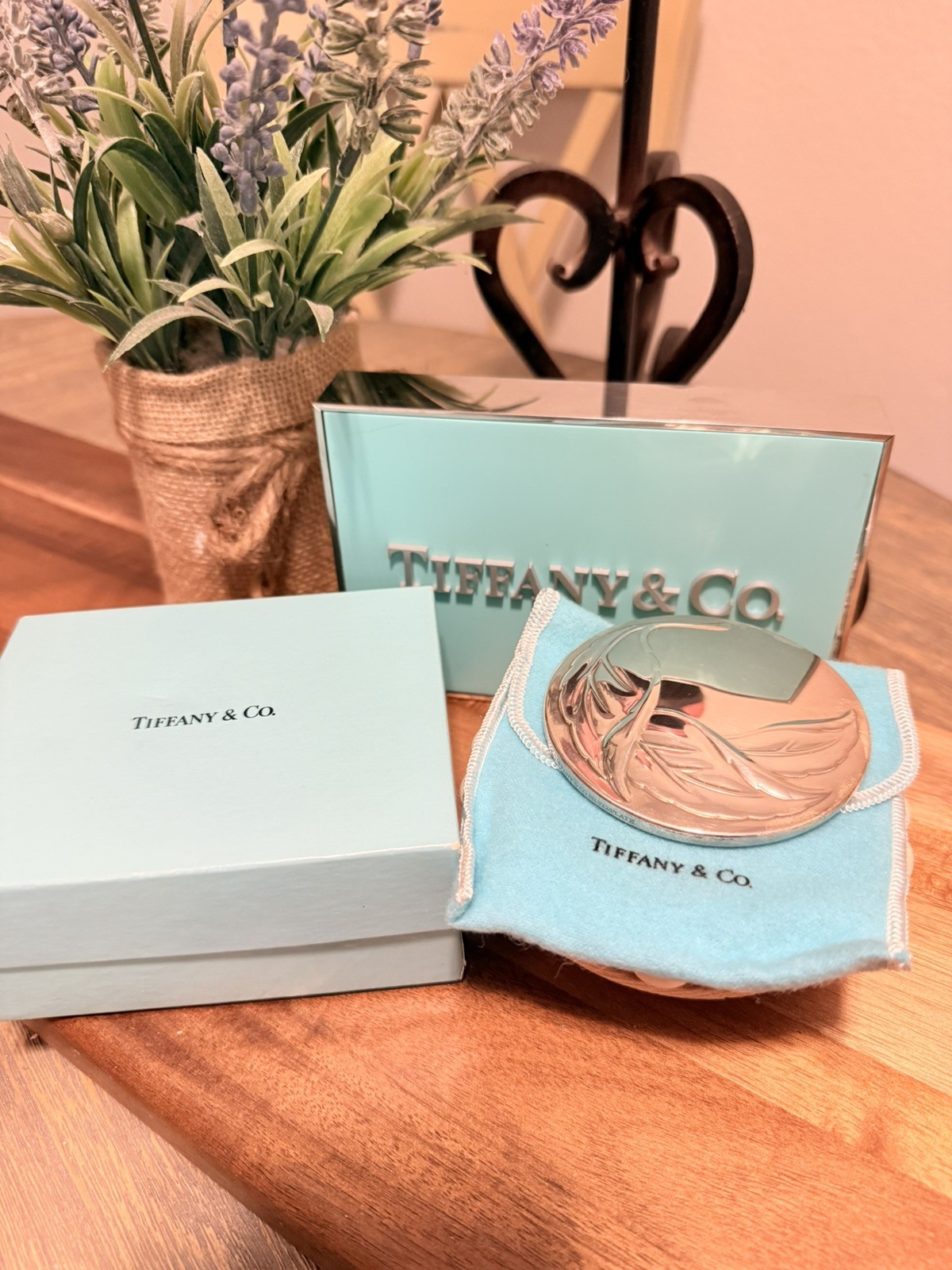 Tiffany & Co. Leaf Compact Mirror Silver Plate w/ Pouch Vintage Makeup Mirror