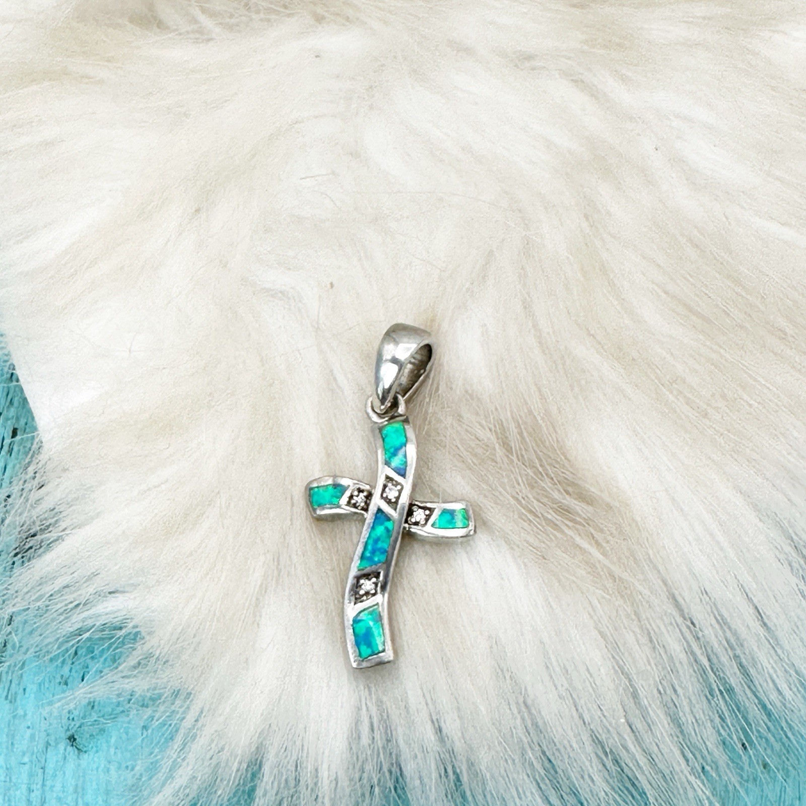 Opal Crystal Sterling Silver Cross Pendant 925 Signed 1 1/4″