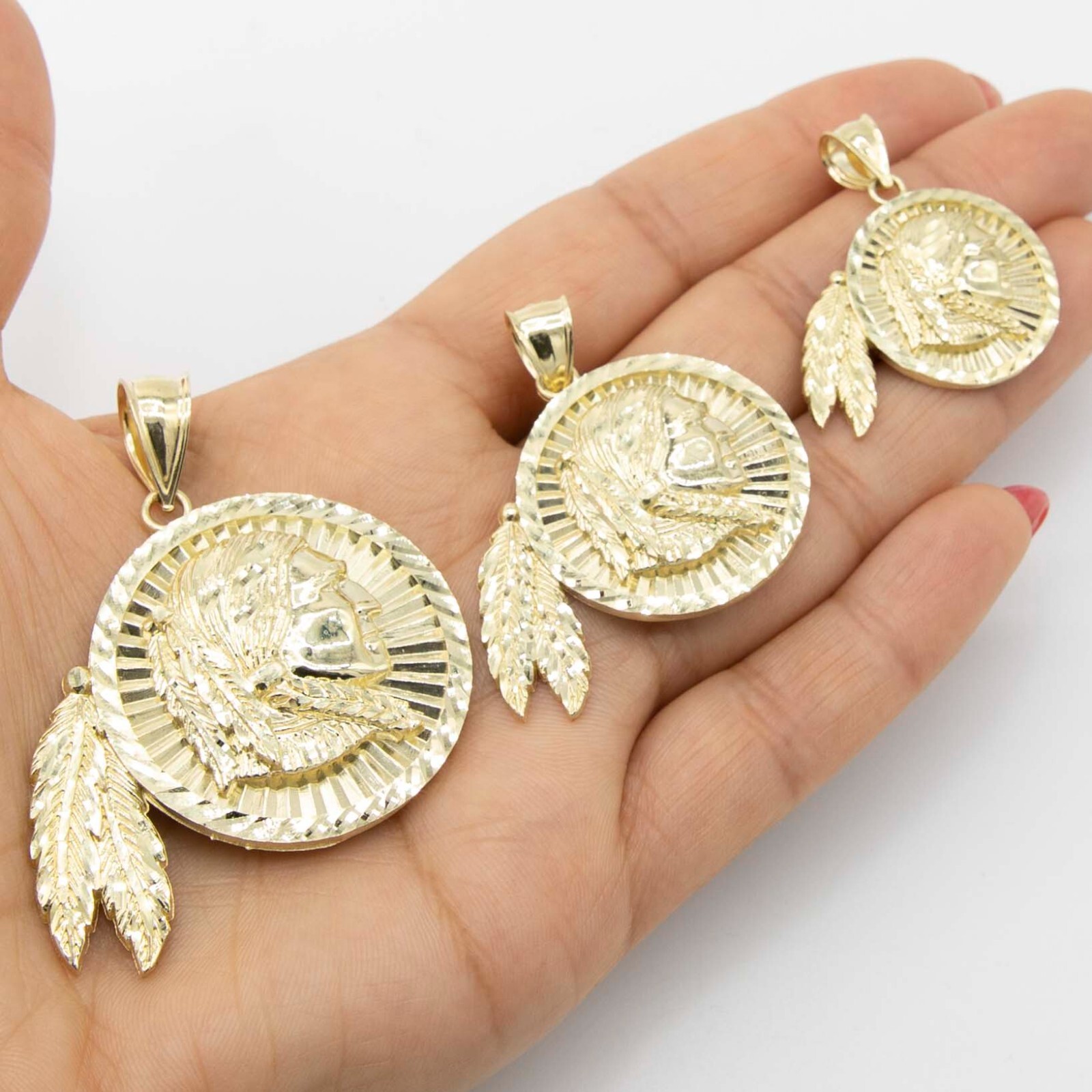 Diamond-Cut Indian Chief Medallion Pendant Real Solid 10K Yellow Gold All Sizes