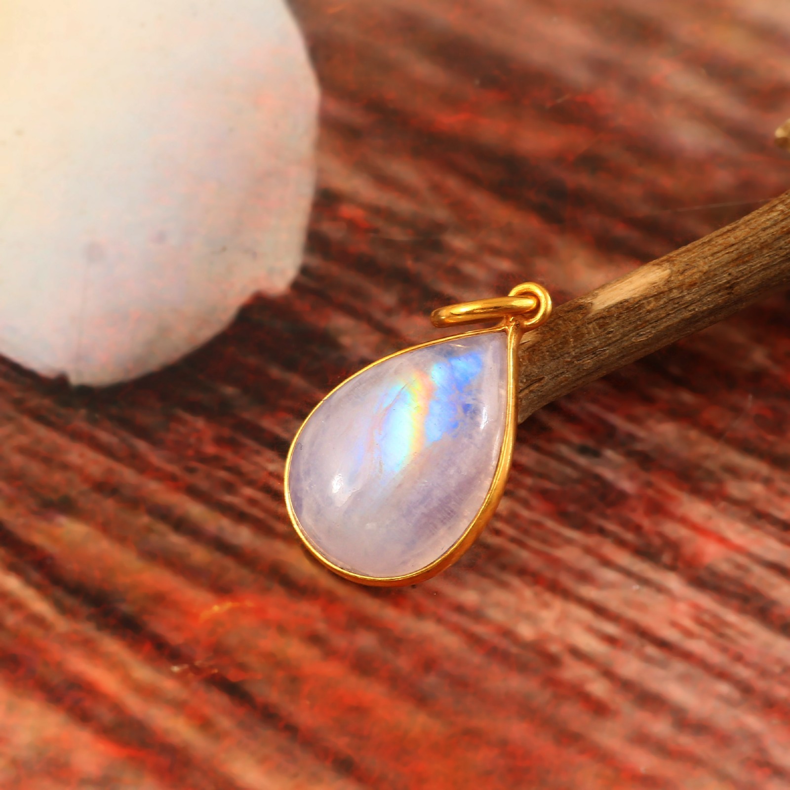 Natural Rainbow Moonstone Cabochon Pendant 14K Gold Handmade Gift for Her 3103