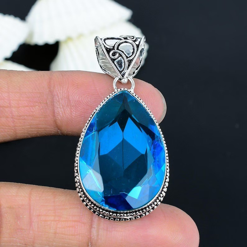 Handmade Blue Topaz Gemstone Pendant: 925 Sterling Silver Jewelry For Gift