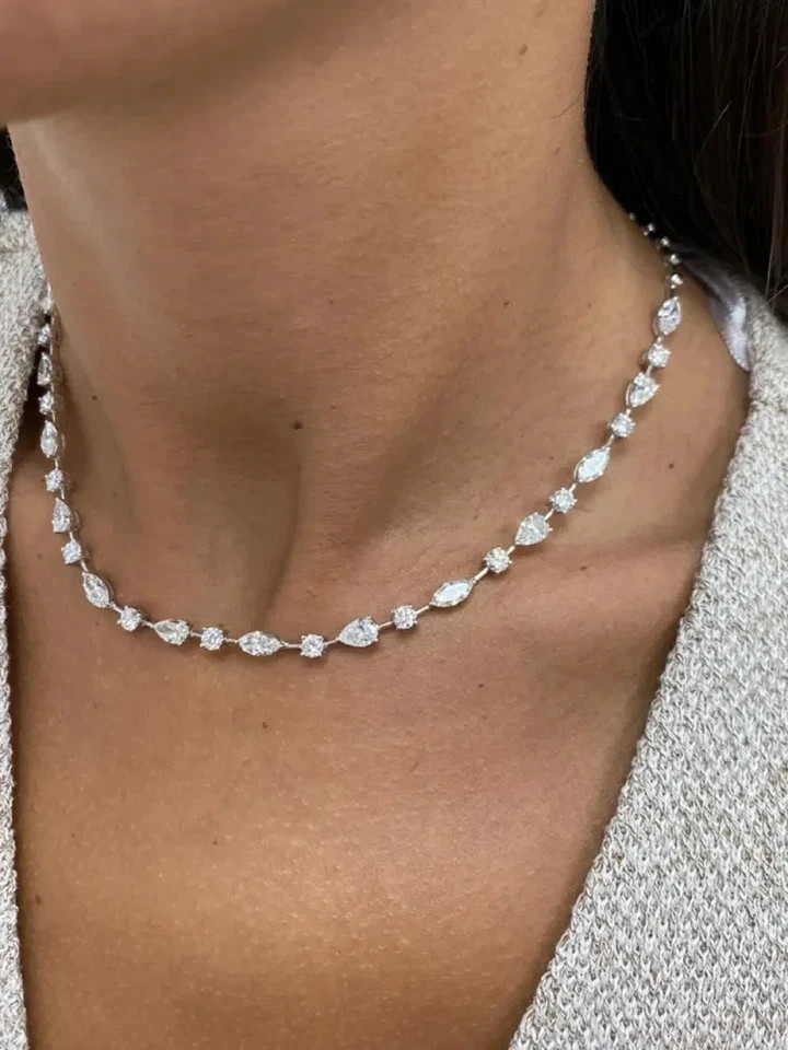 14K White Gold Plated VVS1 Moissanite Multi Shape Moissanite 18″ Tennis Necklace