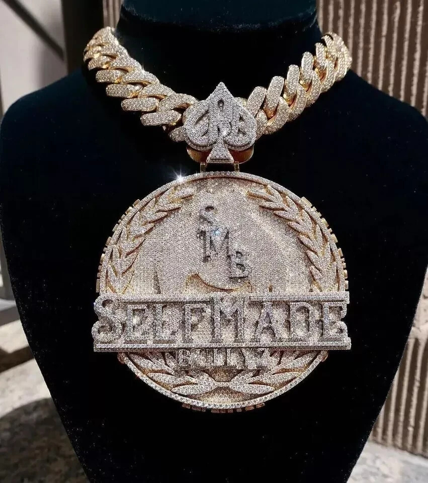 Custom Men’s “SELF-MADE” Pendant 9Ct Round Real Moissanite 925 Silver Necklace