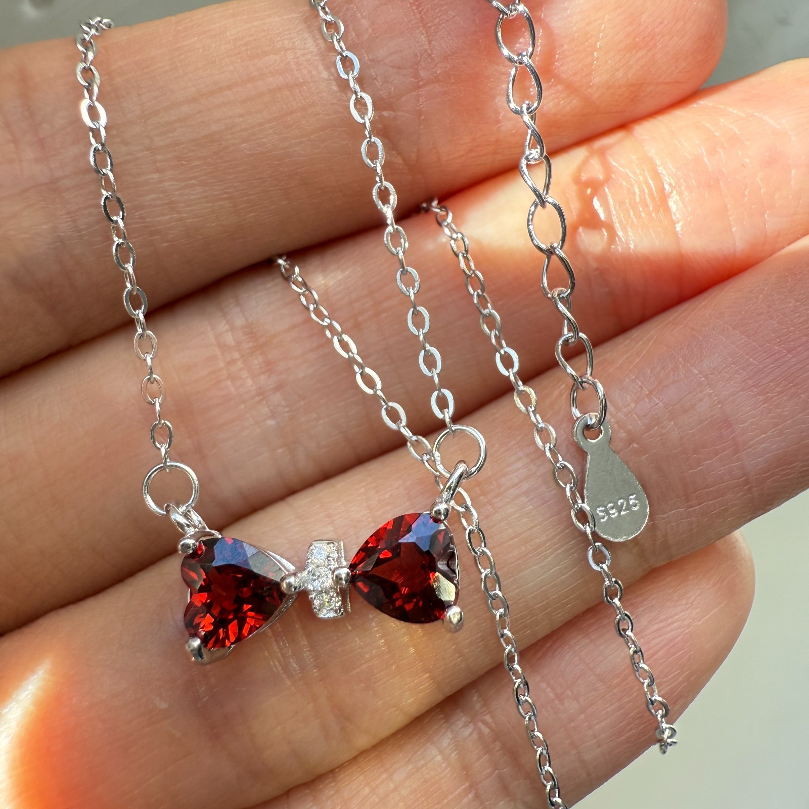 925 Sterling Silver Necklace 5mm Heart Natural Garnet Gemstone Zircon Chain Bow
