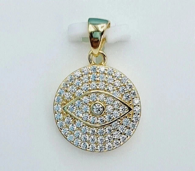 Real Moissanite 3Ct Round Cut Cluster Evil Eye Pendant 14K Yellow Gold Plated