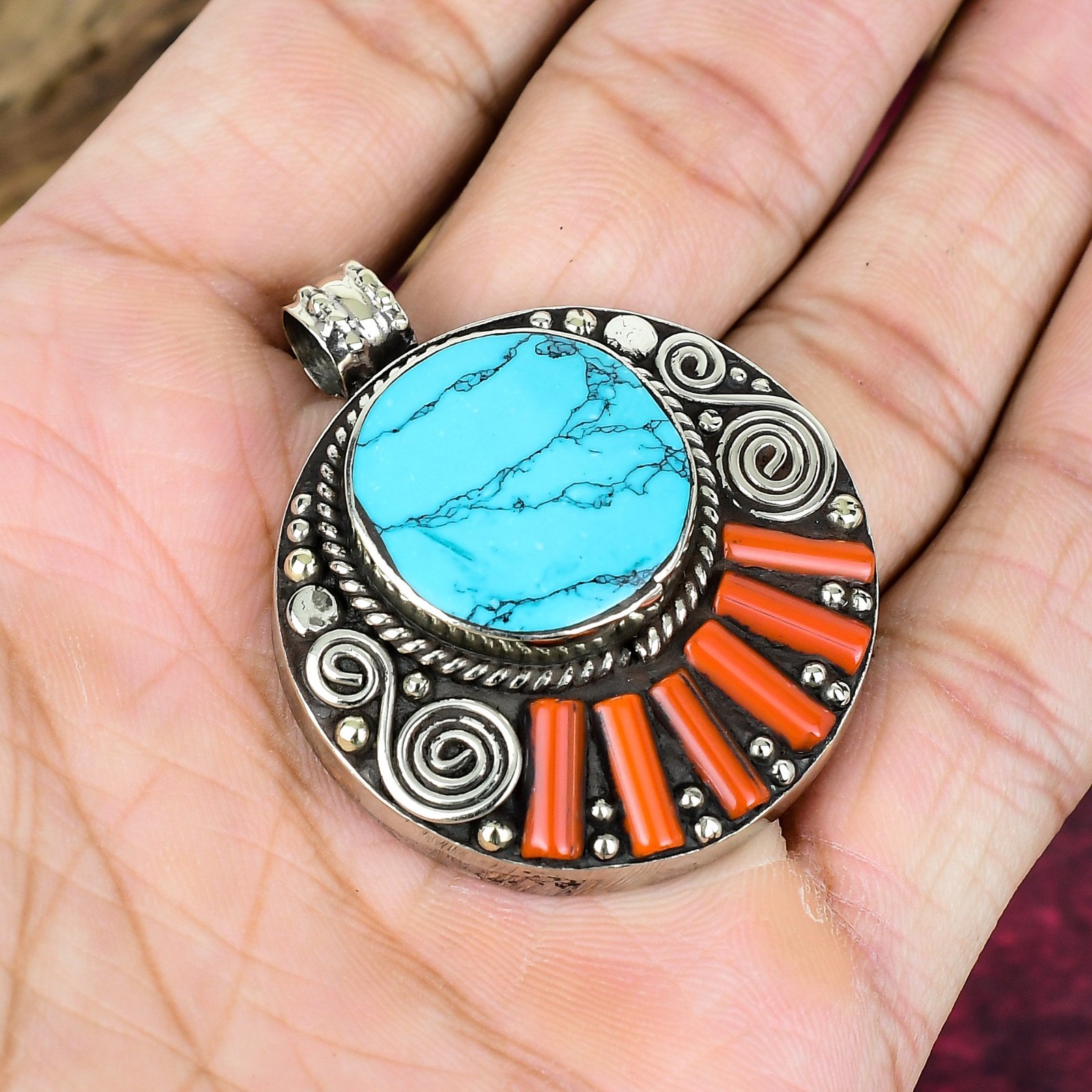 Turquoise, Coral Gemstone Handmade Jewelry 925 Sterling Silver Nepali Pendant