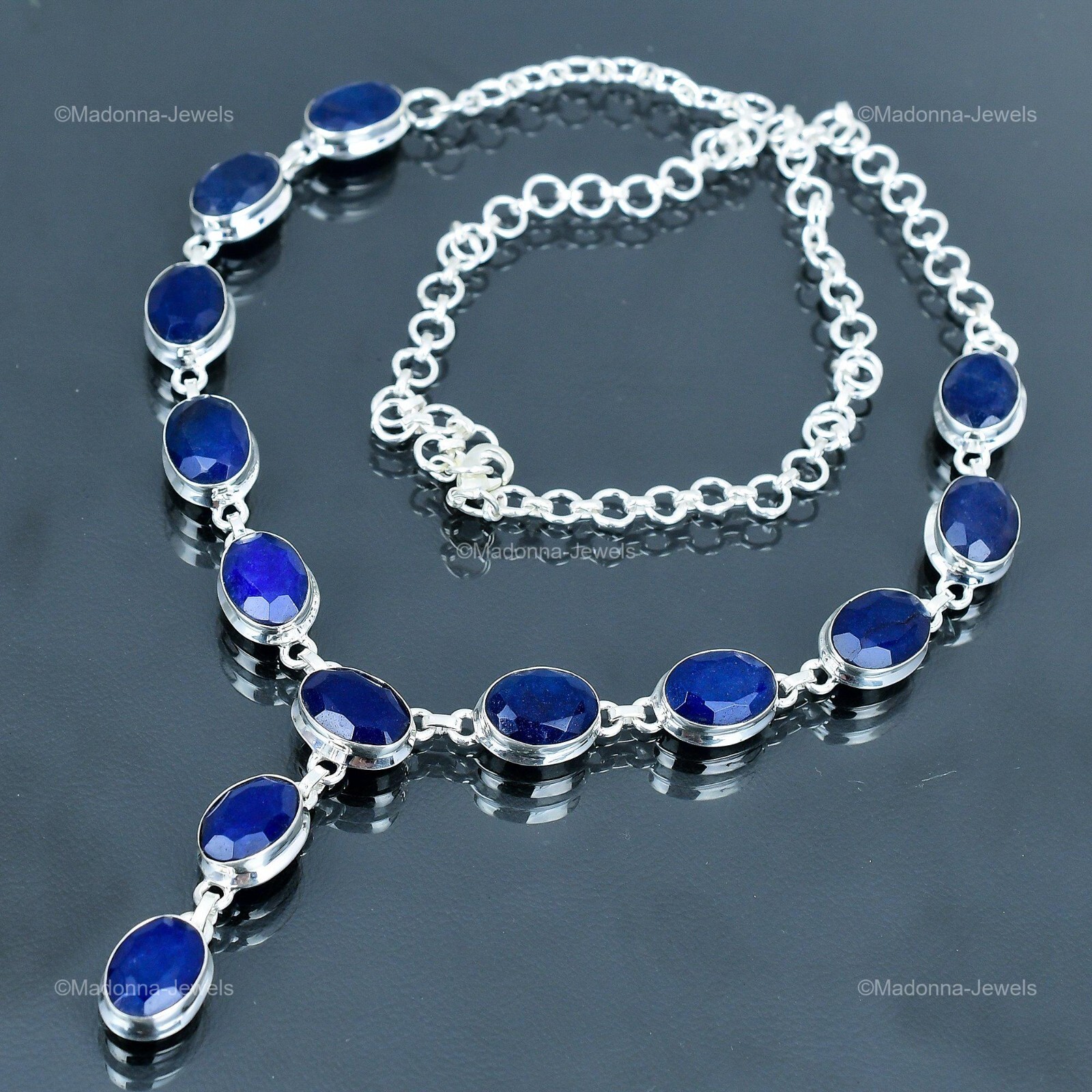 Womens day Deal Blue Saphire Gemstone Chain Necklace Jewelry 925 Sterling Silver