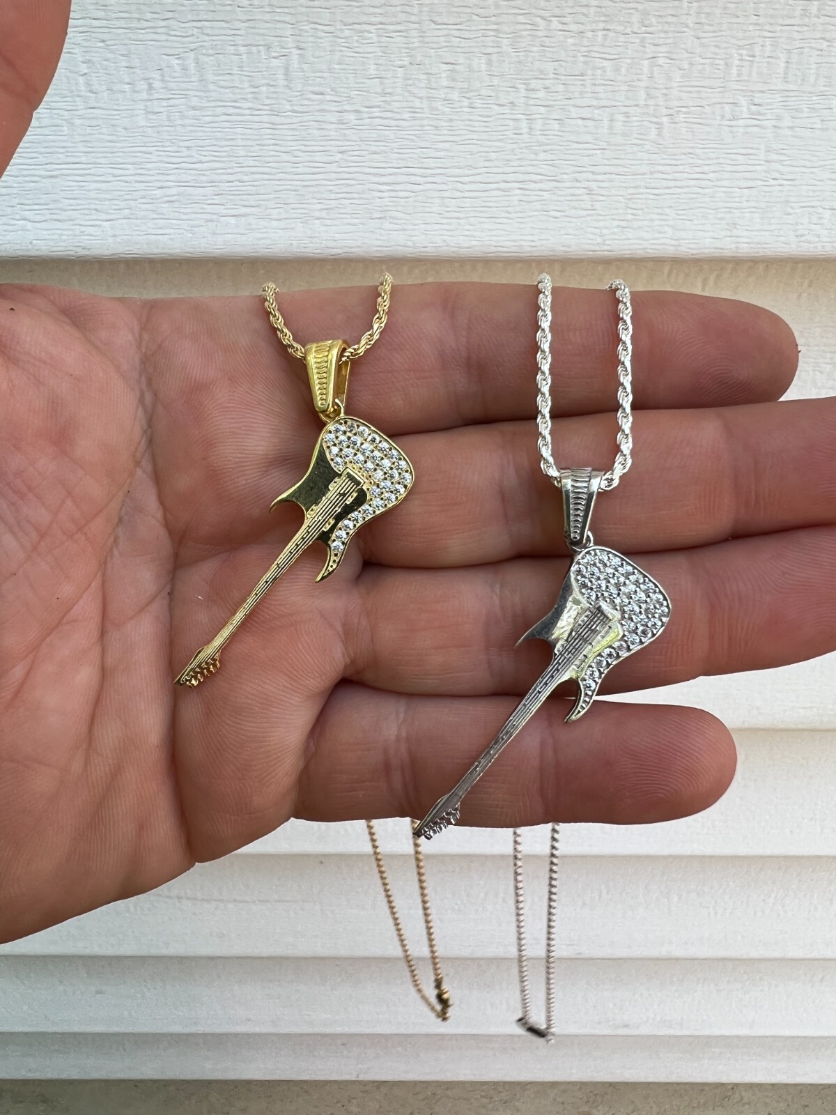 Real 925 Silver / 14k Gold Plated Electric Guitar Rockstar Pendant Necklace CZ