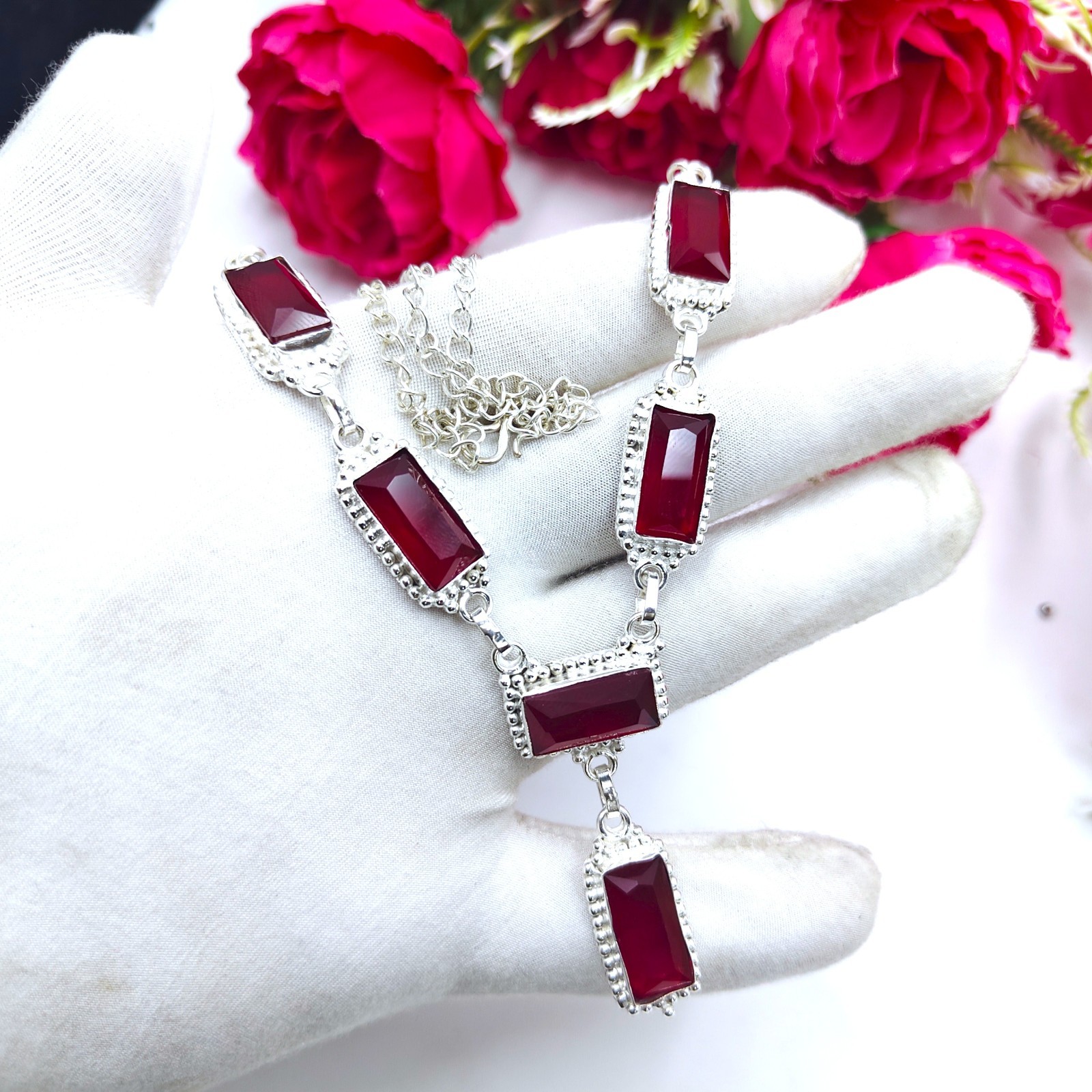 Red Garnet Gemstone Handmade 925 Sterling Silver Jewelry Necklace Size-17-18″