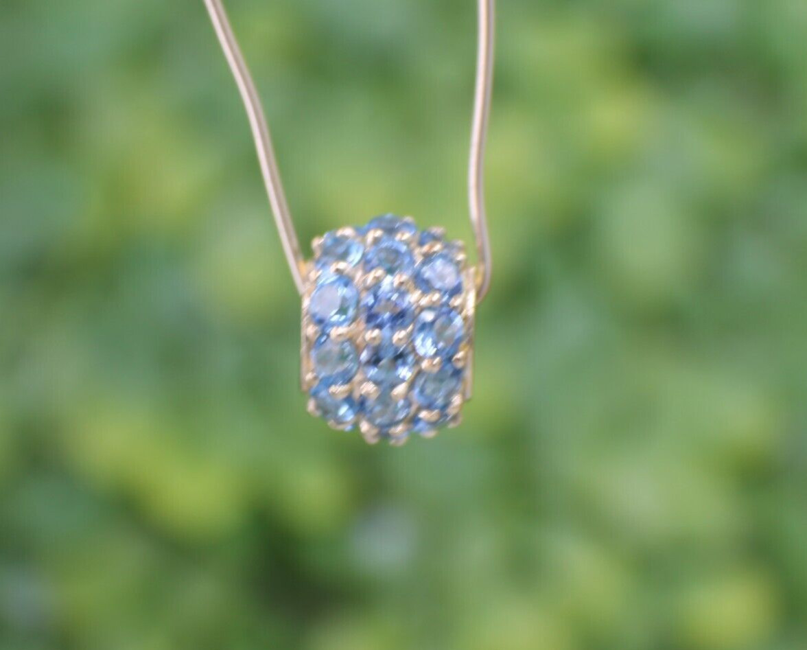 Solid 10K Yellow Gold Pave Bead Blue Topaz Pendant Slide Loads of Sparkle