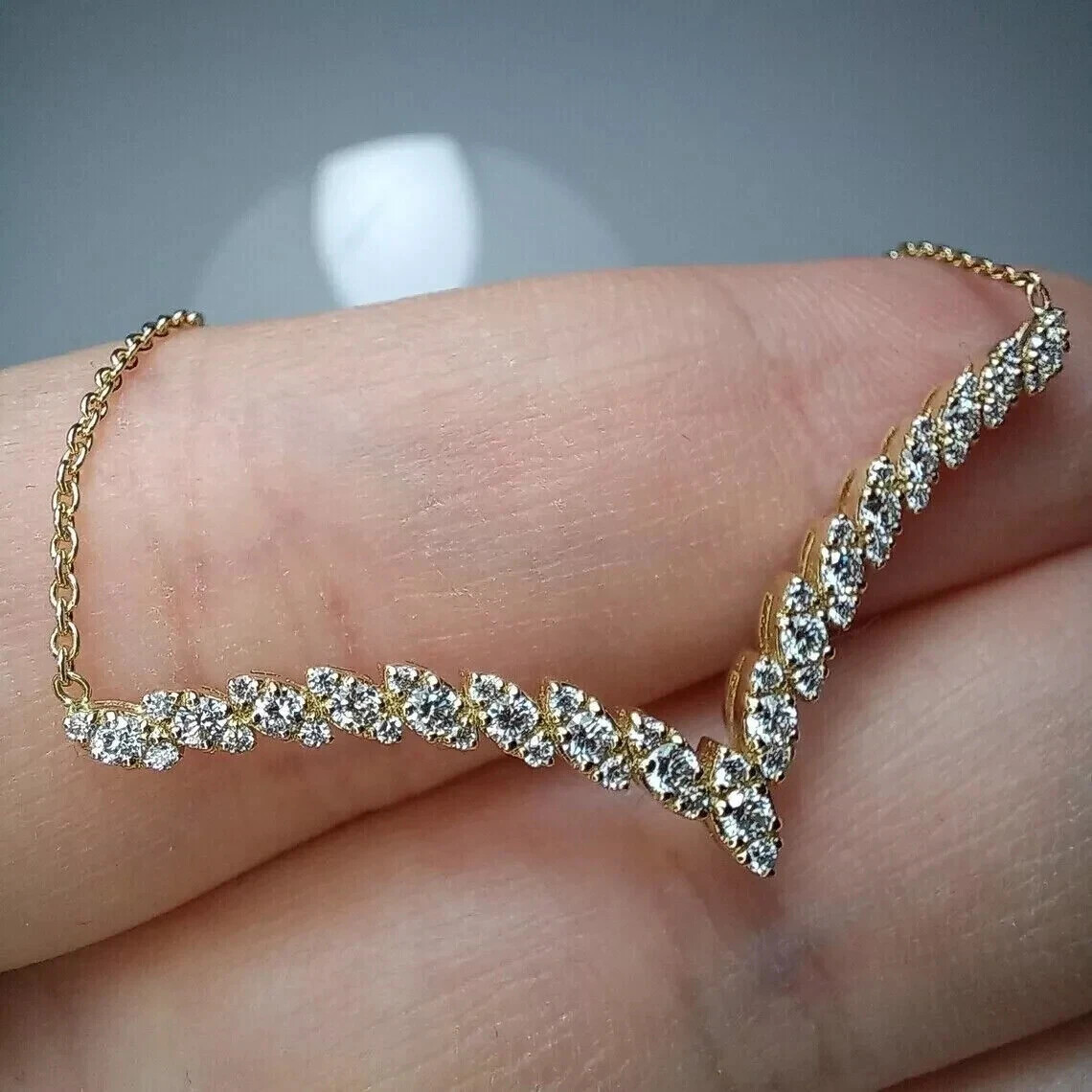 1.80Ct Round Cut Real Moissanite 14K Yellow Gold Plated V Shape Women’s Necklace