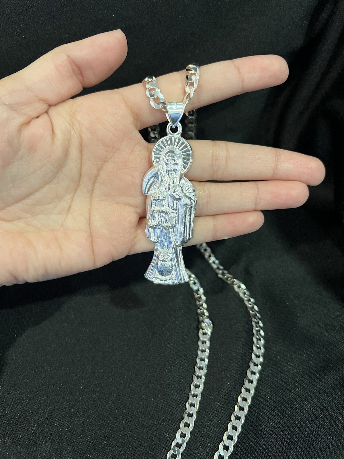 925 Sterling Silver Men Big Santa Muerte Grim Reaper Pendant Curb Chain 22 26 30