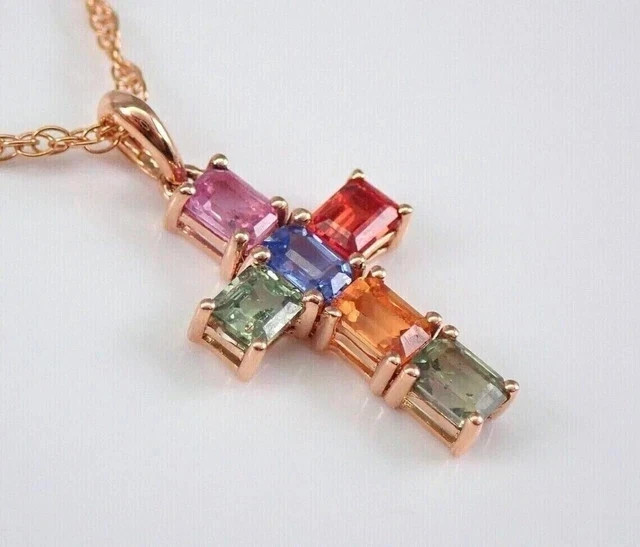 Emerald Cut LabCreated Multicolor Women Cross PendantChain 14kYellow Gold Plated