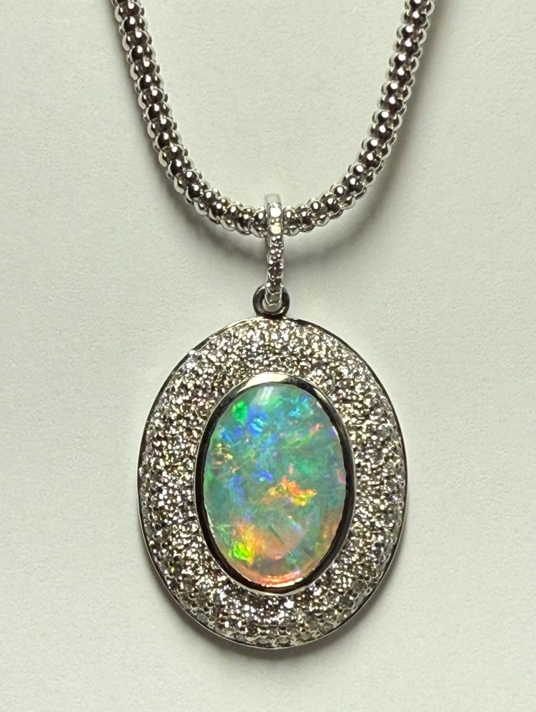 18K Gold Australian Crystal Opal Necklace 4ct. Diamond 1.8ct VS G/H 14K Chain