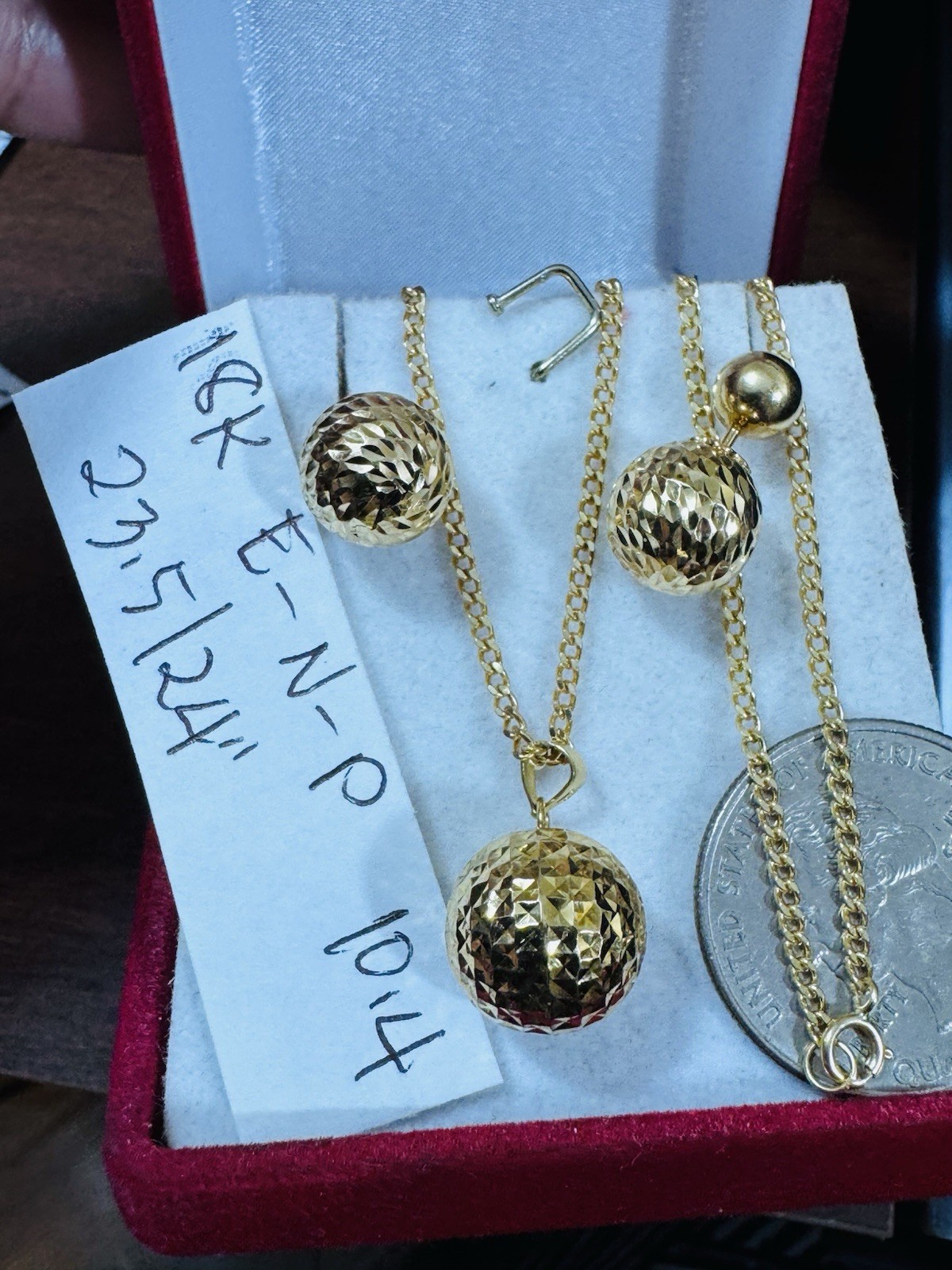 18K 750 Real Fine Gold Women’s Balls Earring & Necklace 23.5/24” long 10.4g 2mm
