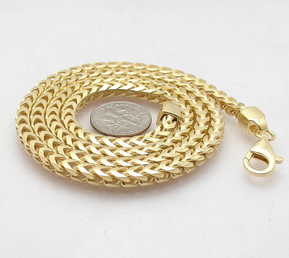 4mm Italian Mens Franco Chain Necklace Solid 14K Yellow Gold Plated 925 Silver