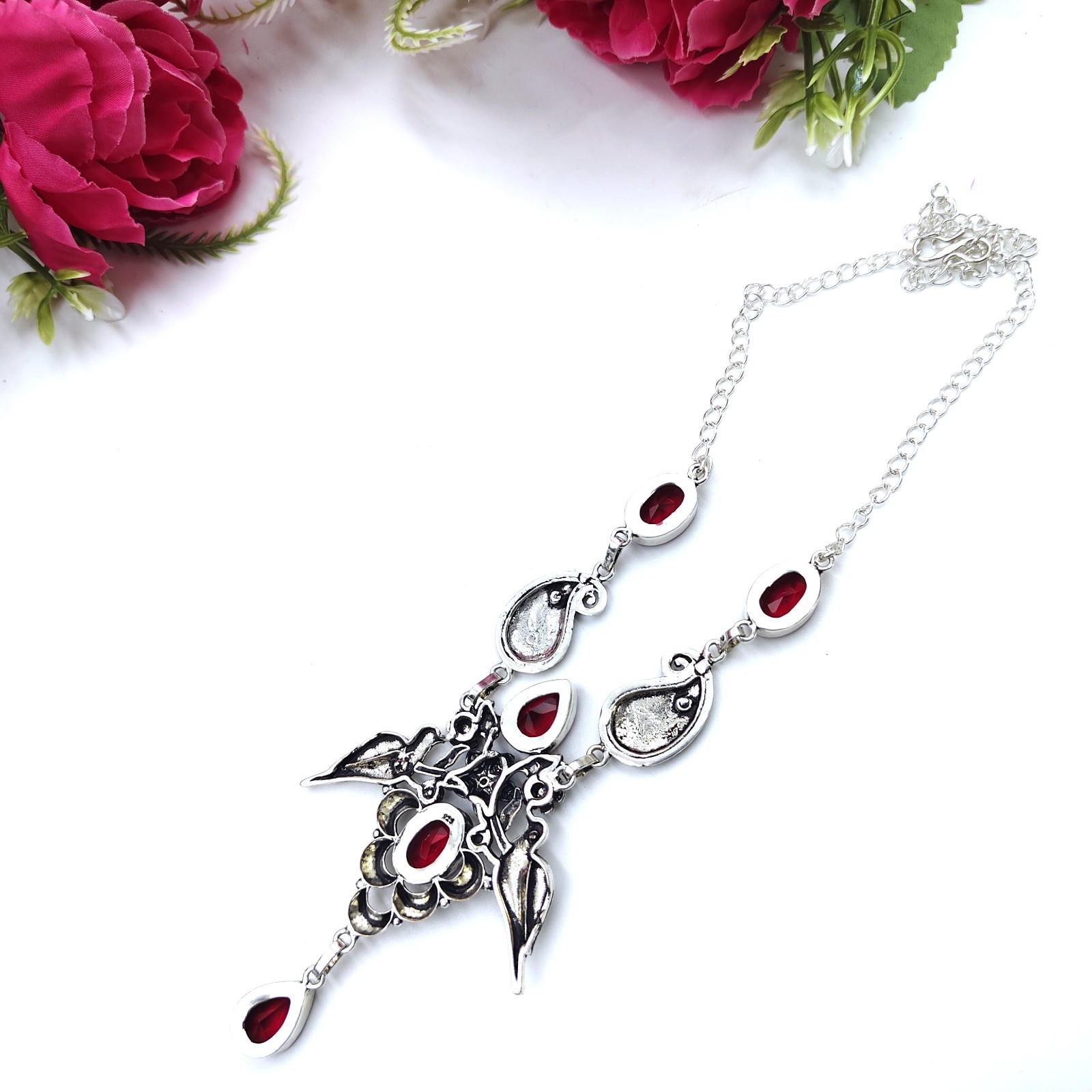 Red Garnet Gemstone Handmade 925 Sterling Silver Jewelry Necklace Size-17-18″