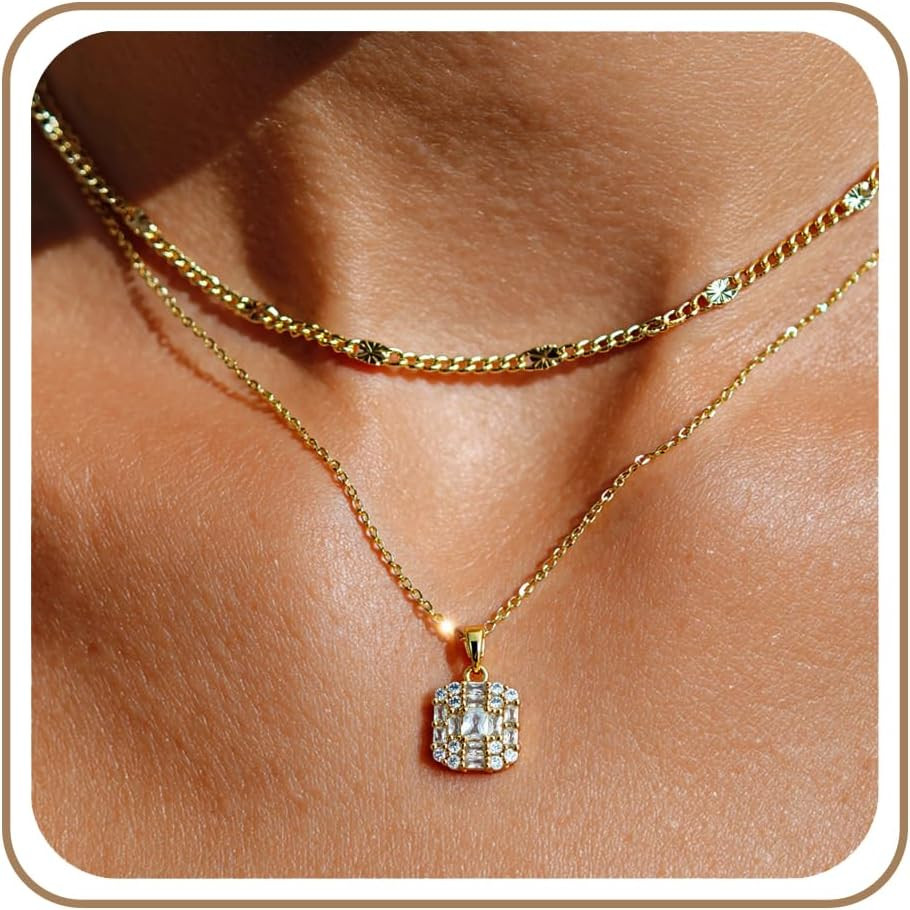 Dainty Pendant Gold Necklace for Women Layered 14K Diamond Pendant Gold Plated N