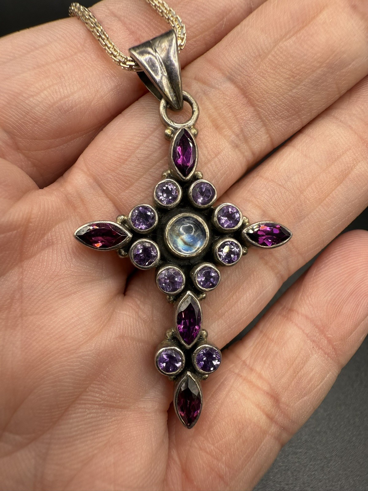 Sterling silver Nicky Butler gemstone cross pendant necklace original chain