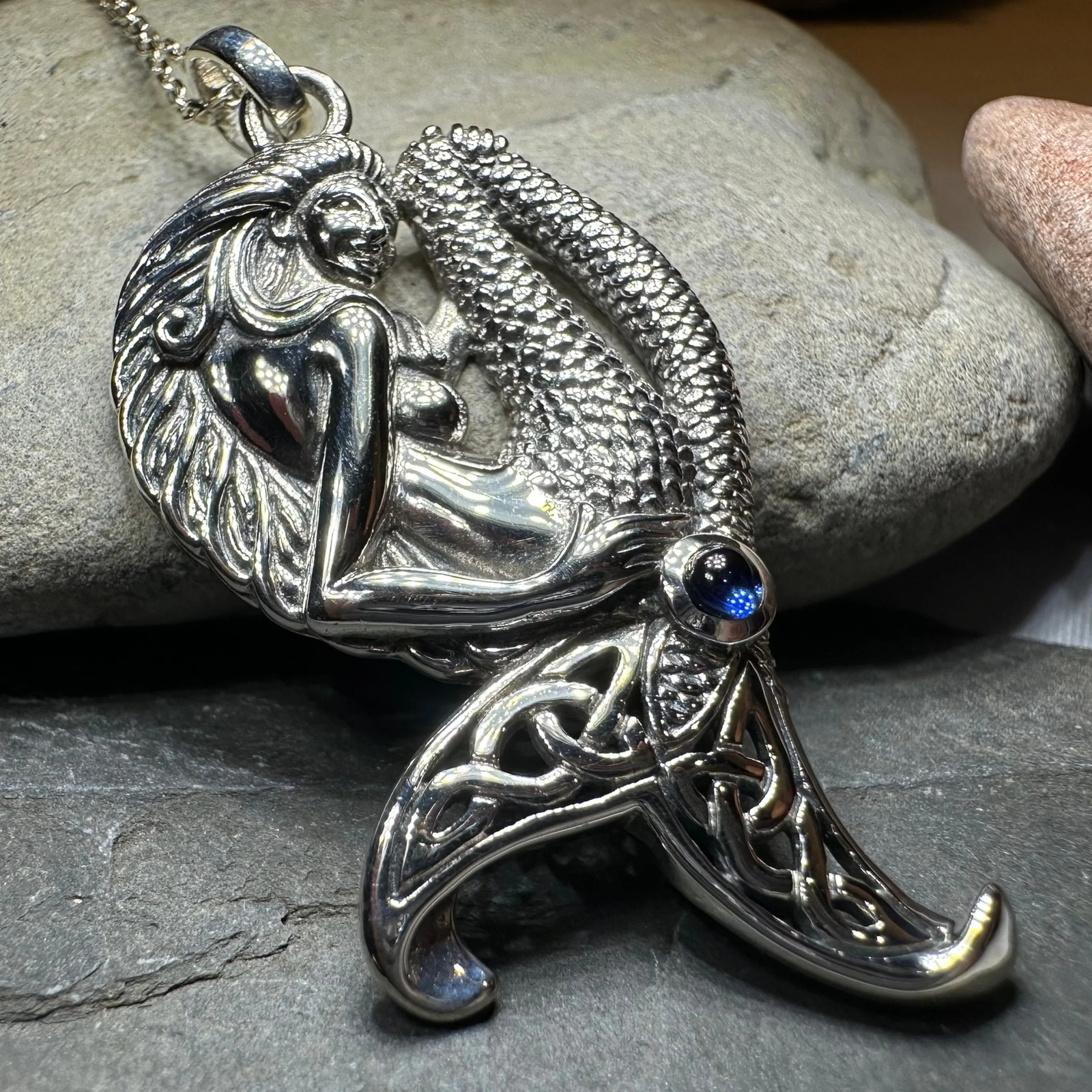 Celtic Mermaid Necklace in Sterling Silver 925 Large Nautical Beach Pendant