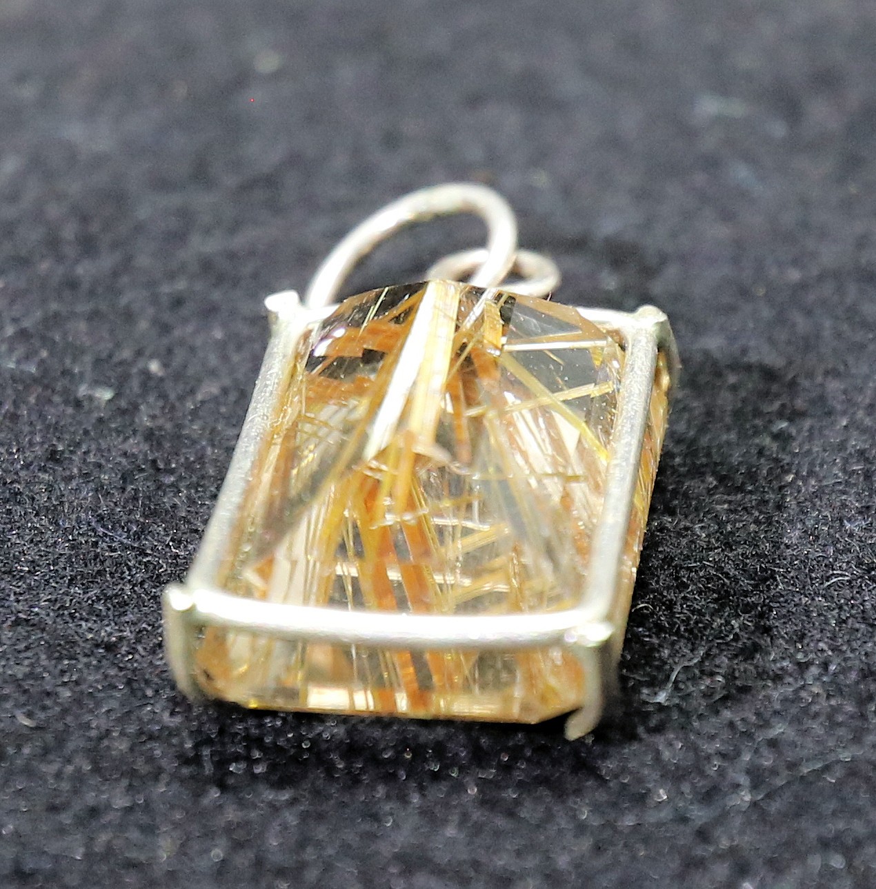 Vintage Rutilated Quartz Faceted Gold Pendant 3/4 x 1/2 x 1/2 Inch