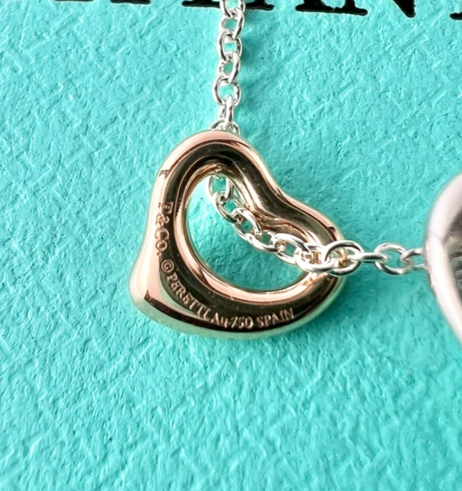 TIFFANY & Co Elsa Peretti Double Open Heart Silver Small Rose Gold Mini Necklace