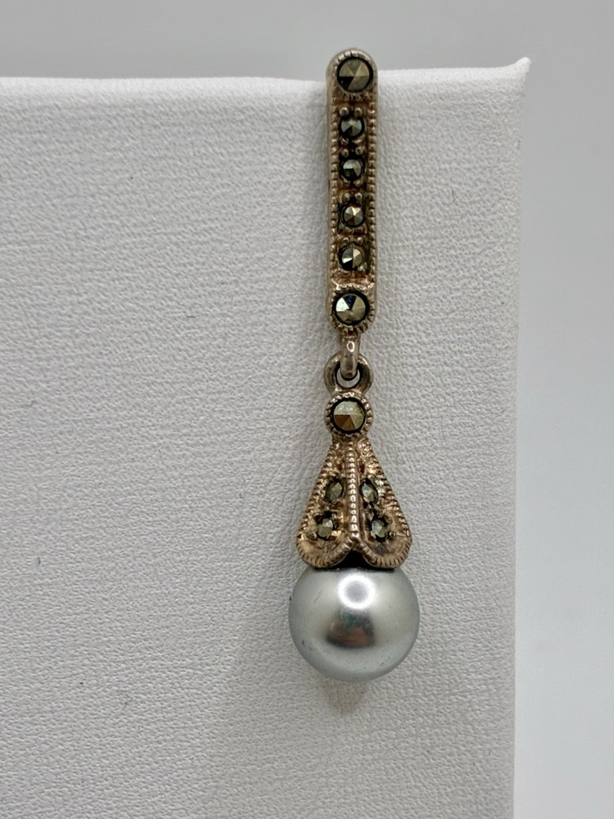 Marcasite Sterling Silver 925 Drop Pendant Silver Pearl Vintage Estate Sale