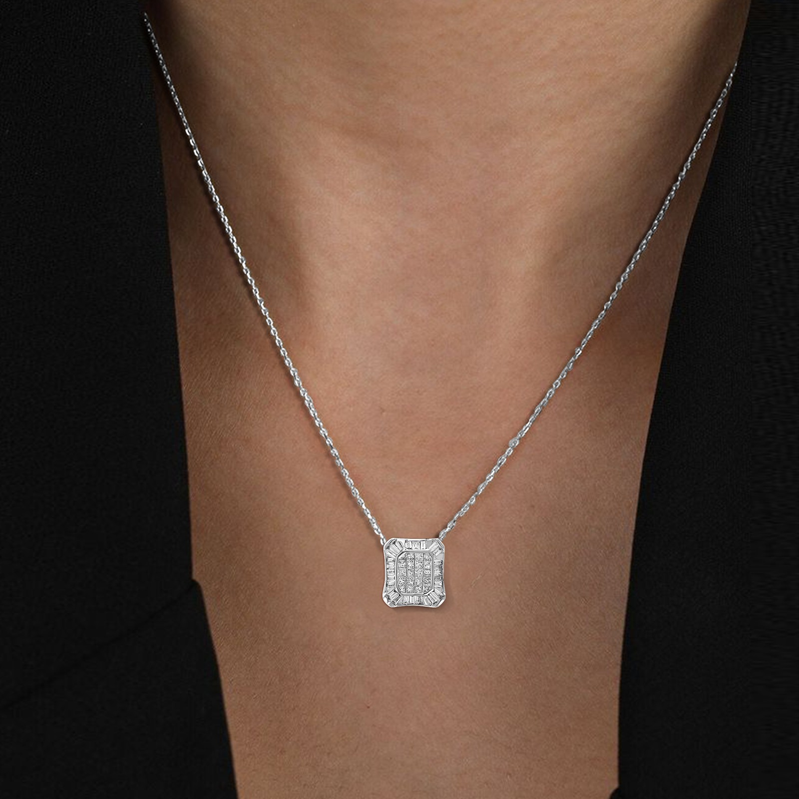 1/2 ct Princess Diamond Pendant Necklace Women in 14K White Gold Square 1/3 Inch