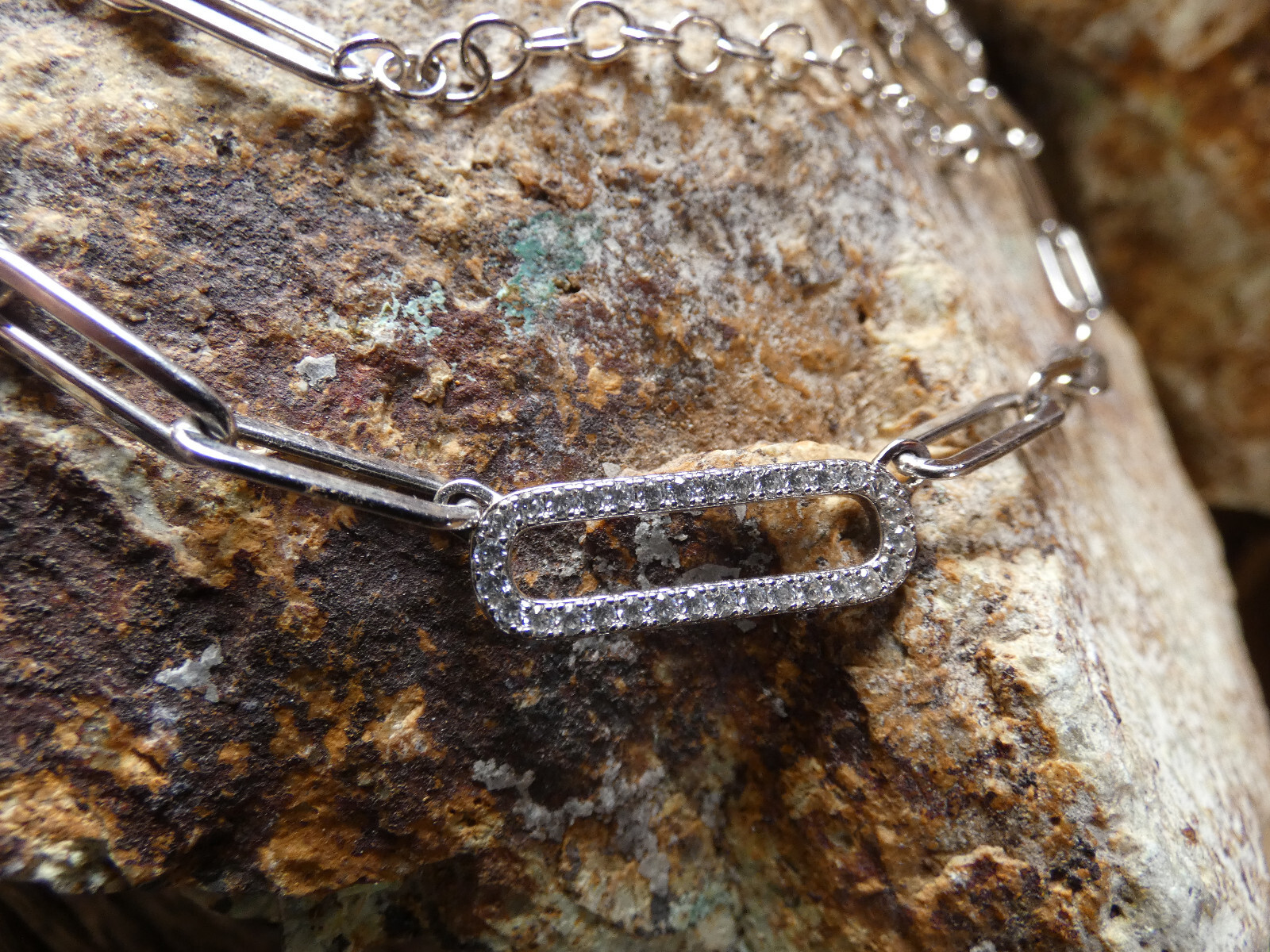 Paper Clip Trendy Necklace .40 ct. t.w. CZ Sterling Silver 17 inch To 19 inch