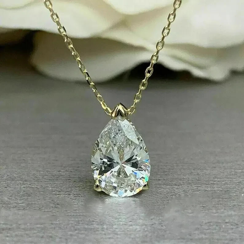 3Ct Pear-Cut Lab Grown Diamond Solitaire Pendant & Necklace 14k Yellow Gold