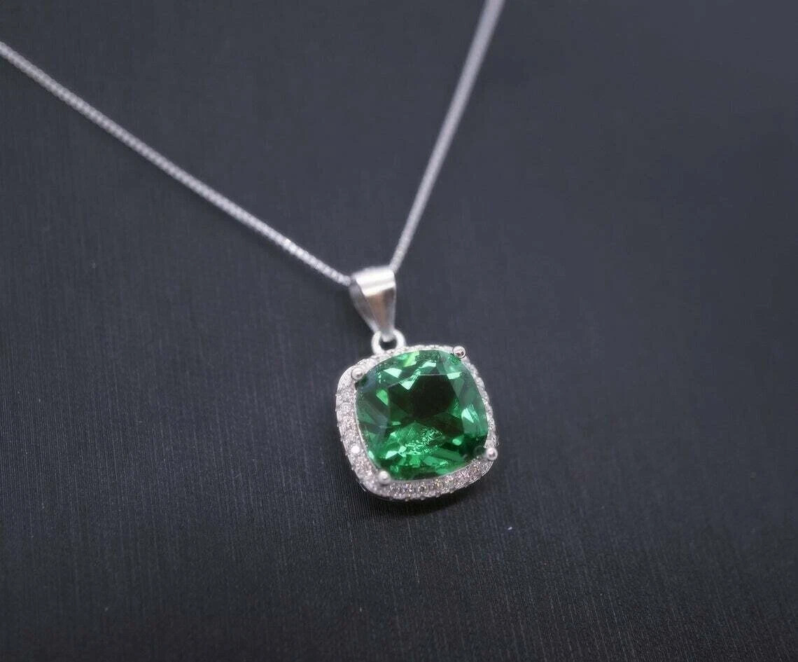 2.00Ct Cushion Cut Lab Created Emerald Halo Pendant 14K White Gold Silver Plated