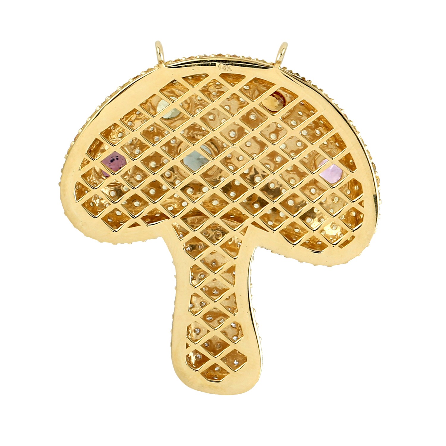 14k Yellow Gold Pave Diamond Multicolor Sapphire Mushroom Pendant For Women