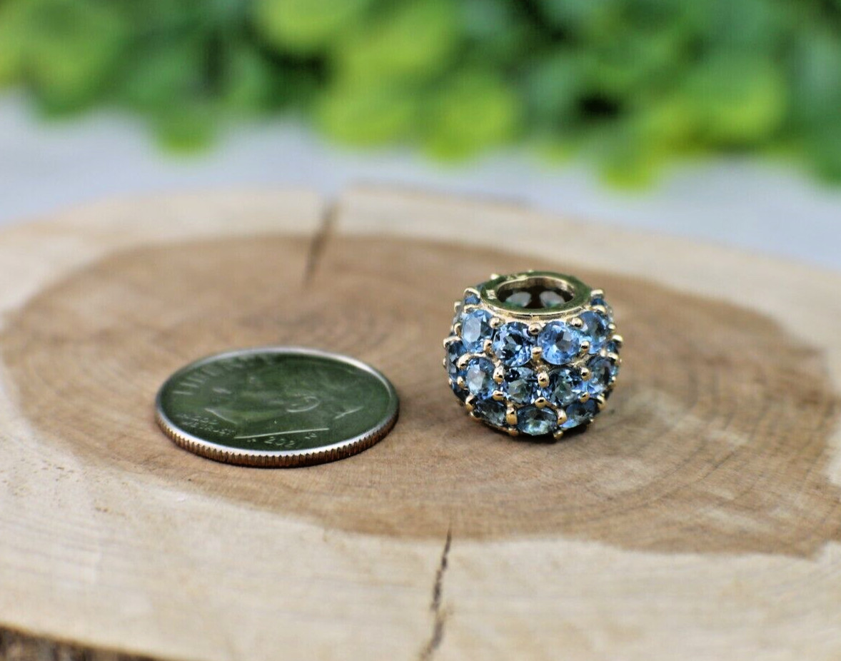 Solid 10K Yellow Gold Pave Bead Blue Topaz Pendant Slide Loads of Sparkle