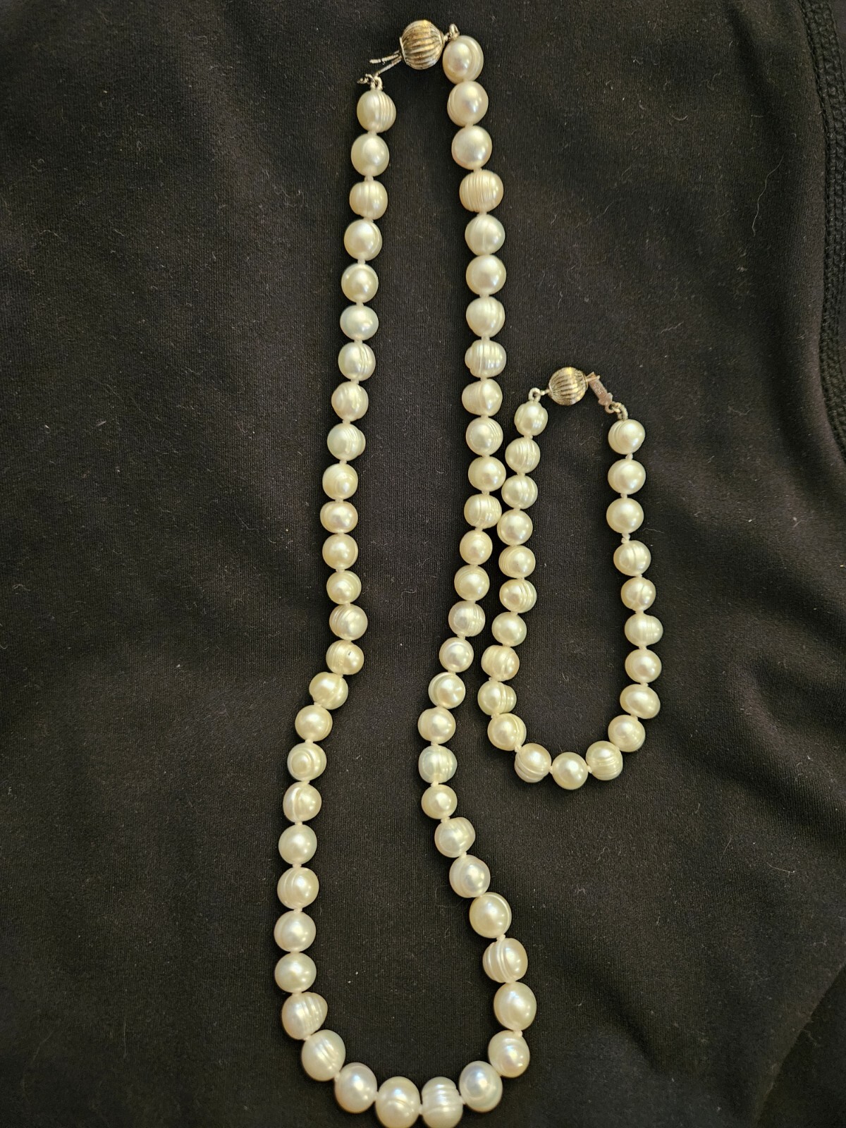 Vtg Estate 925 Silver Clasp Cultured Ringed Pearl Necklace Bracelet Set 18″ 8″