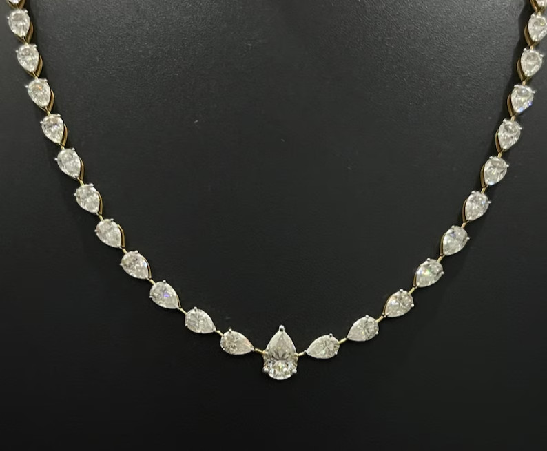Graduated Tennis Necklace 18Ct Pear Lab-Created Diamond 14K Yellow Gold Over 18″