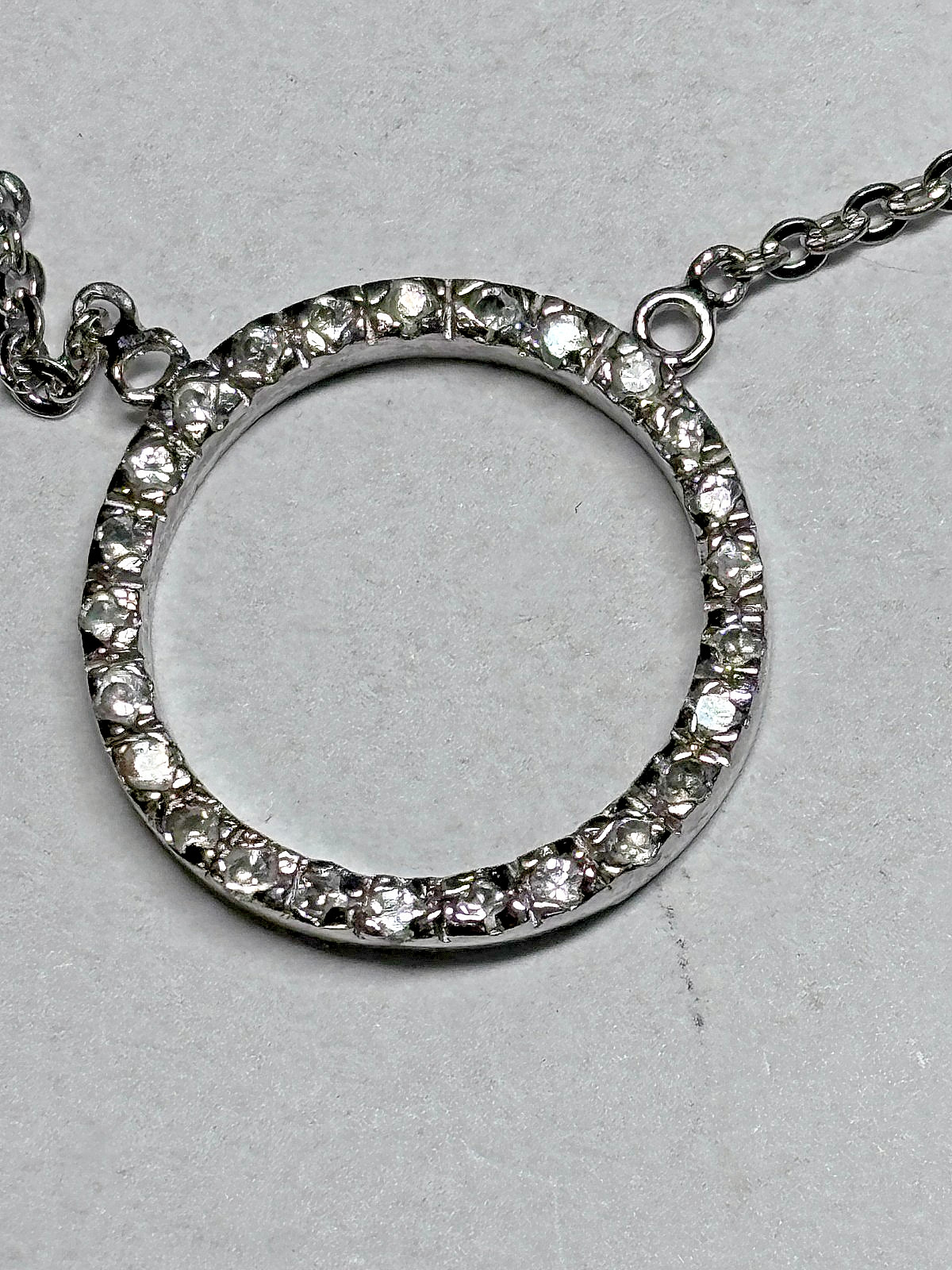 Sterling Silver Pave Diamonds Circle Pendant Chain Necklace 3.3g 17in