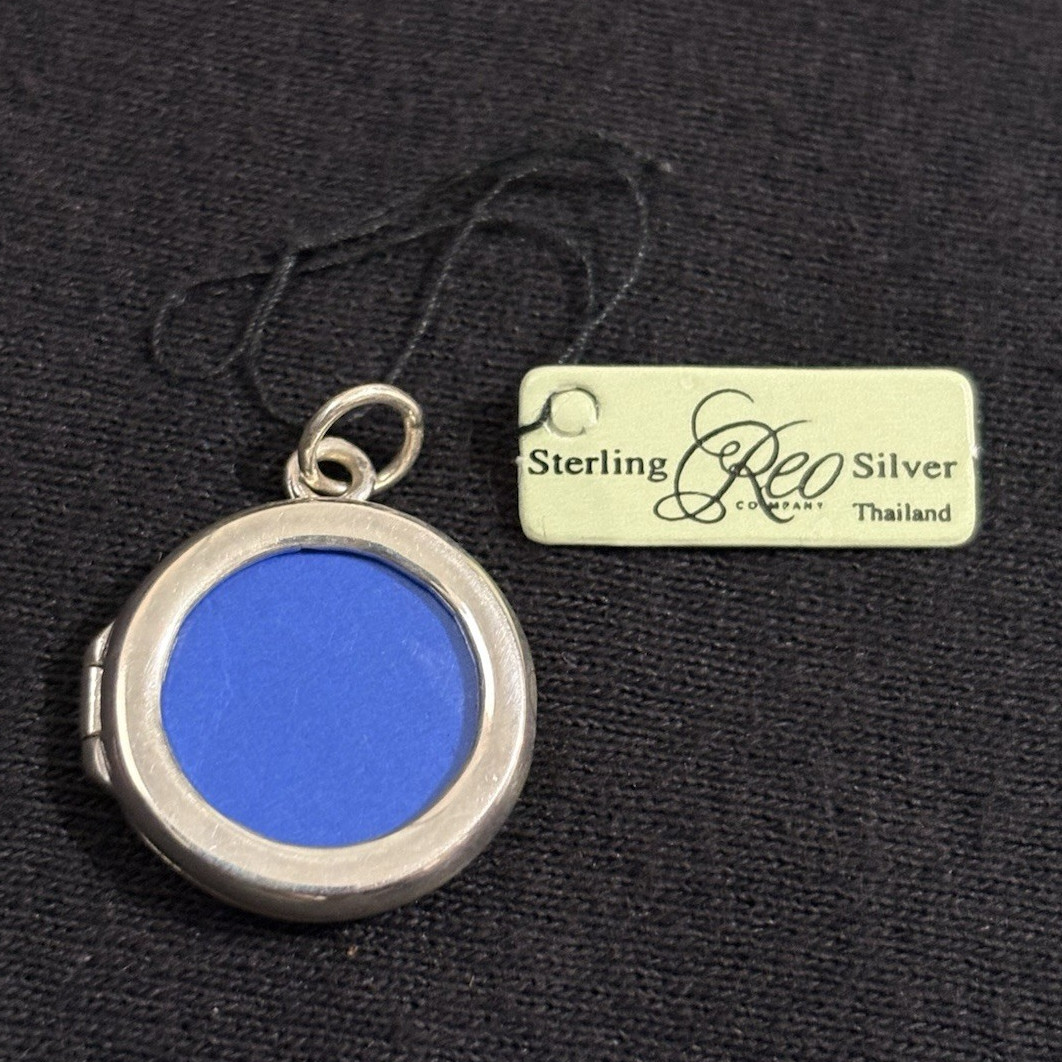 Geo 925 Sterling Silver Blue Enamel Round Photo Locket Pendant Thailand VTG