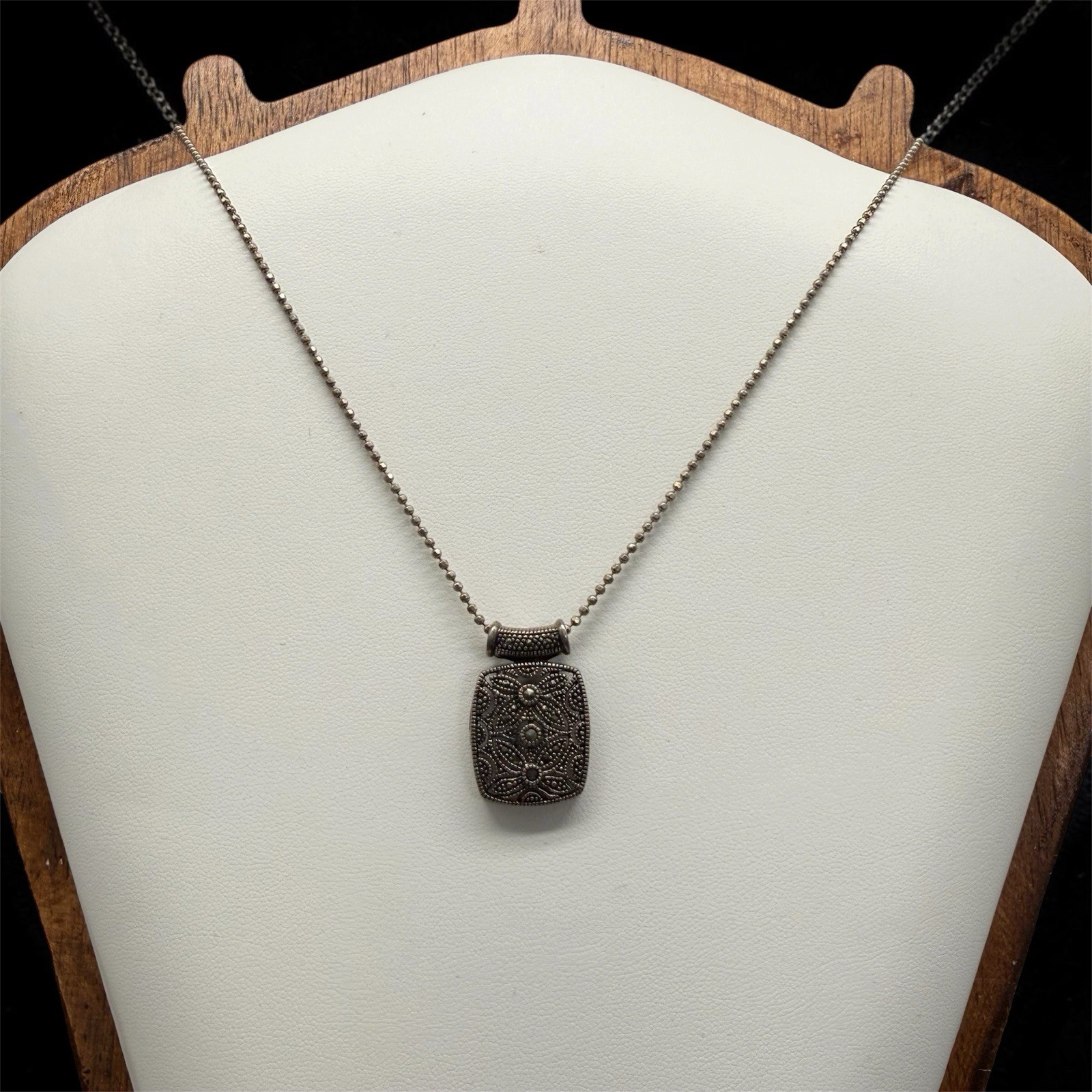 Vintage 925 Sterling Silver & Marcasite Filigree Pendant On 925 Italy Necklace