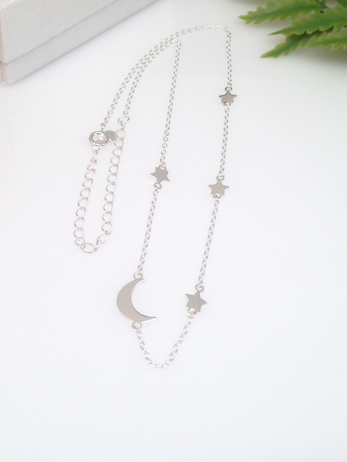 925 Sterling Silver Star Crescent Moon Station Choker Necklace Tiny 4/10mm 15.5″
