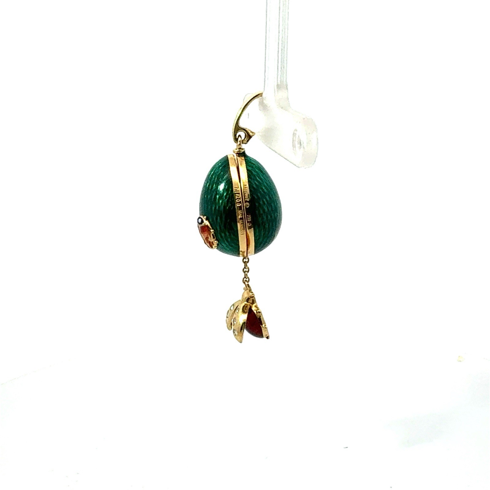 LADYBUG FABERGE EGG 18K YELLOW GOLD GREEN ENAMEL PENDANT /200 With Box
