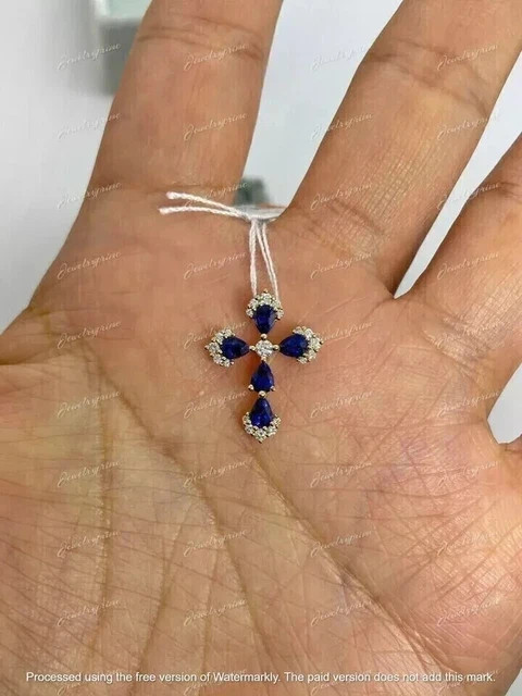 2Ct Pear Cut Lab Created Sapphire Religious Cross Pendant 14K Yellow Gold Plated