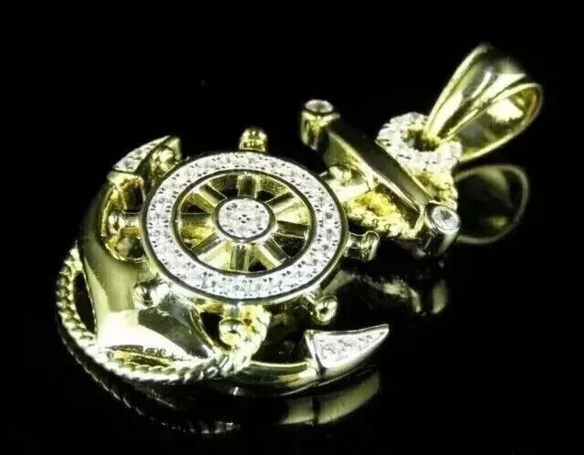 2.0 Ct Round Cut Lab-Created Diamond Men’s Anchor Pendant 14k Yellow Gold Plated