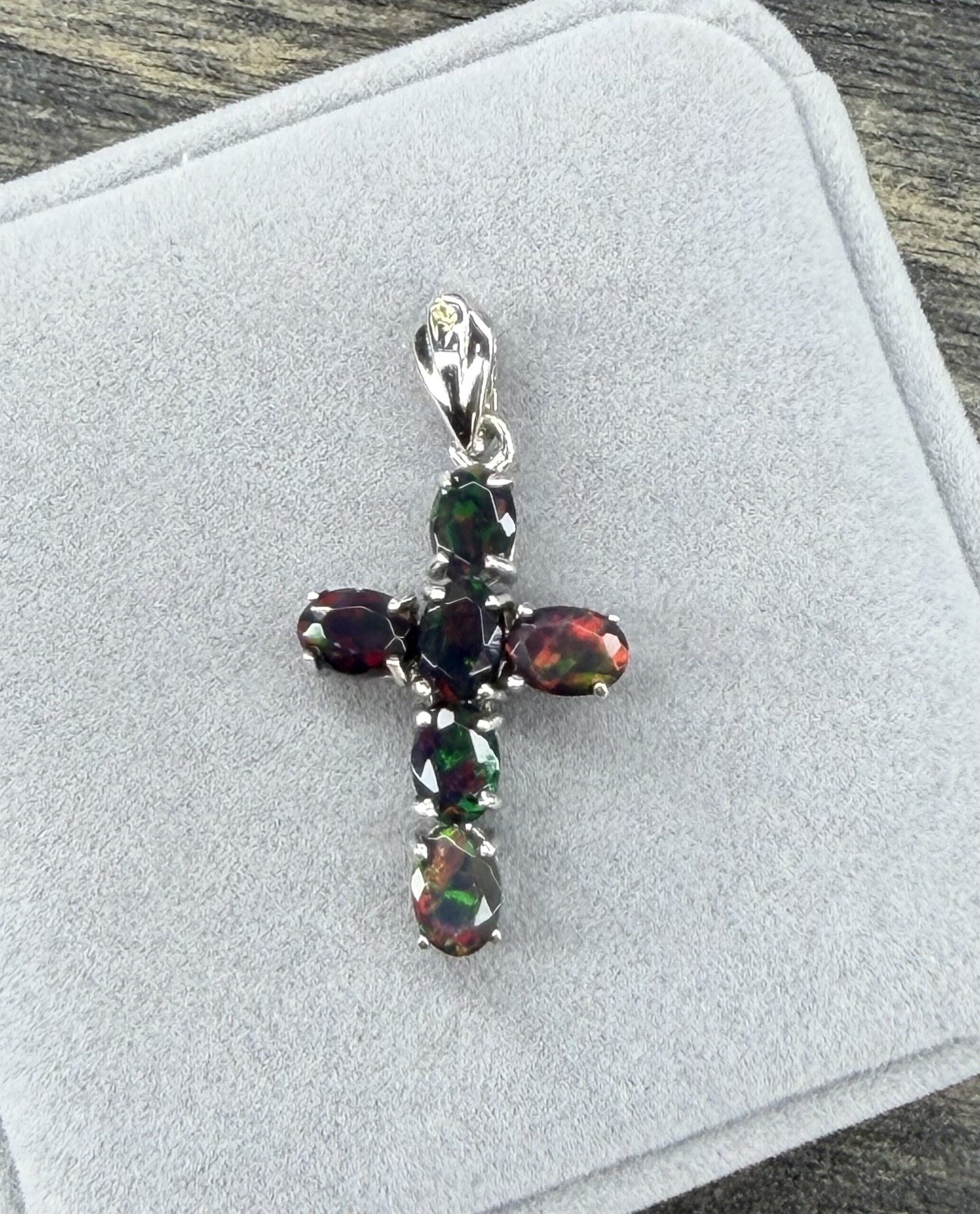 Stunning Natural Rainbow Black Opal Cross 3CT Pendant Necklace 925 Sterling