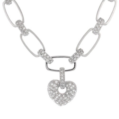 Sterling Silver Pave CZ Link Necklace w/ Heart Charm