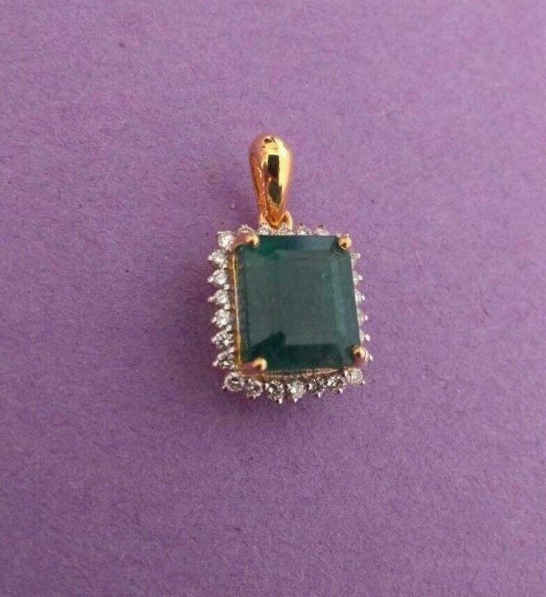 18″ Natural Emerald & Diamond Emerald Cut Pendant 14k Yellow Gold For Wedding
