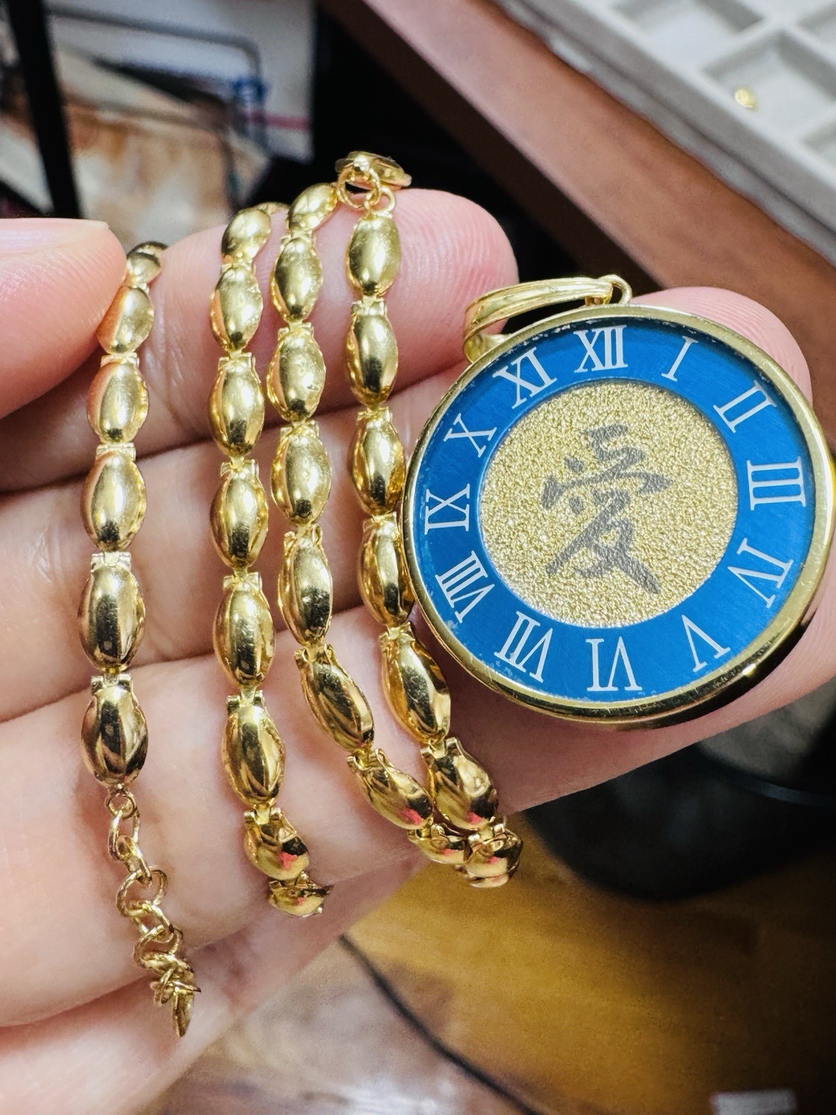 K18 Japan Gold Round Blue Love Pendant Necklace 17/17.5” Long 15g 4mm