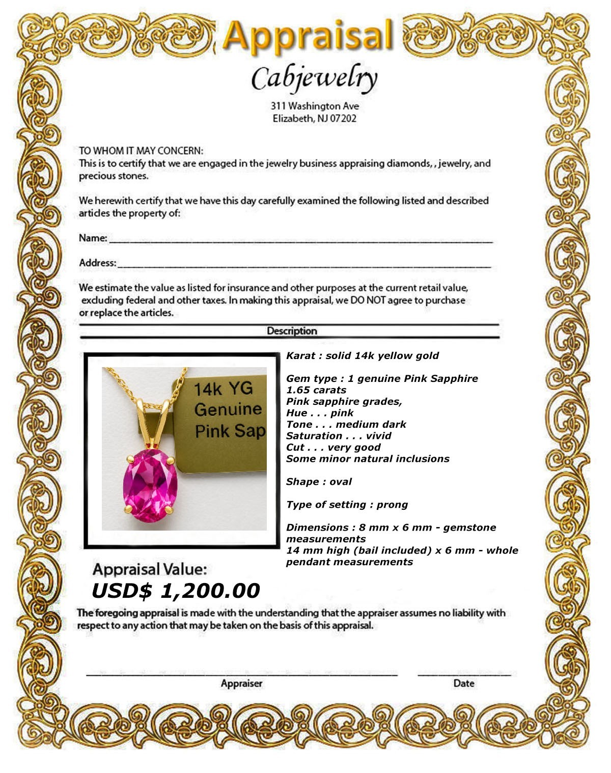 GENUINE 1.65 Cts PINK SAPPHIRE SOLITAIRE PENDANT SOLID 14K YELLOW GOLD – NWT